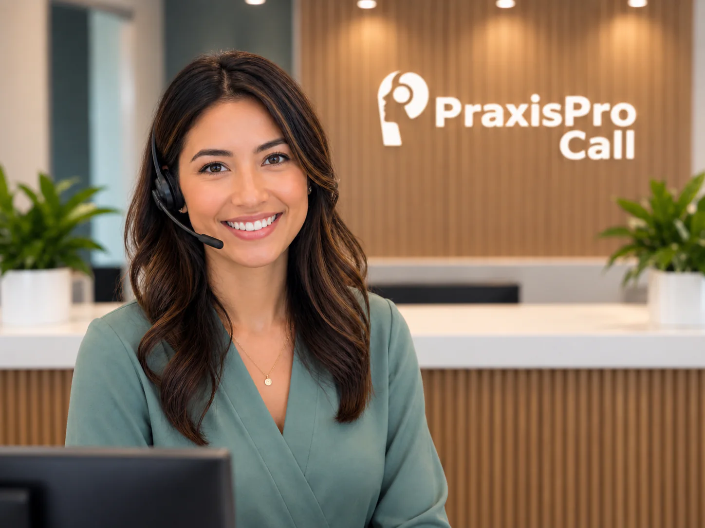 Réceptionniste praxisPro Call avec casque, souriante
